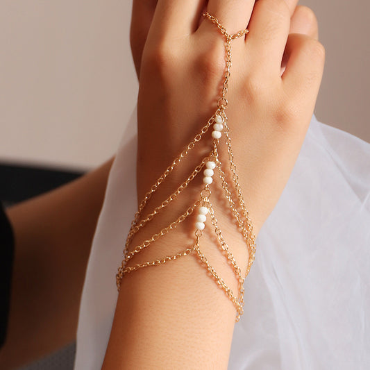 Gold Alloy Layered Bracelet With Rice Beads And Tassel Women