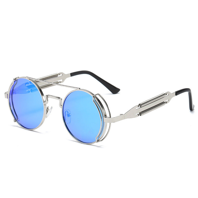 Mens Steampunk Sunglasses With Metal Frame And Plastic Accents Unique Double Spring Leg Design Fashion Eyewear Style