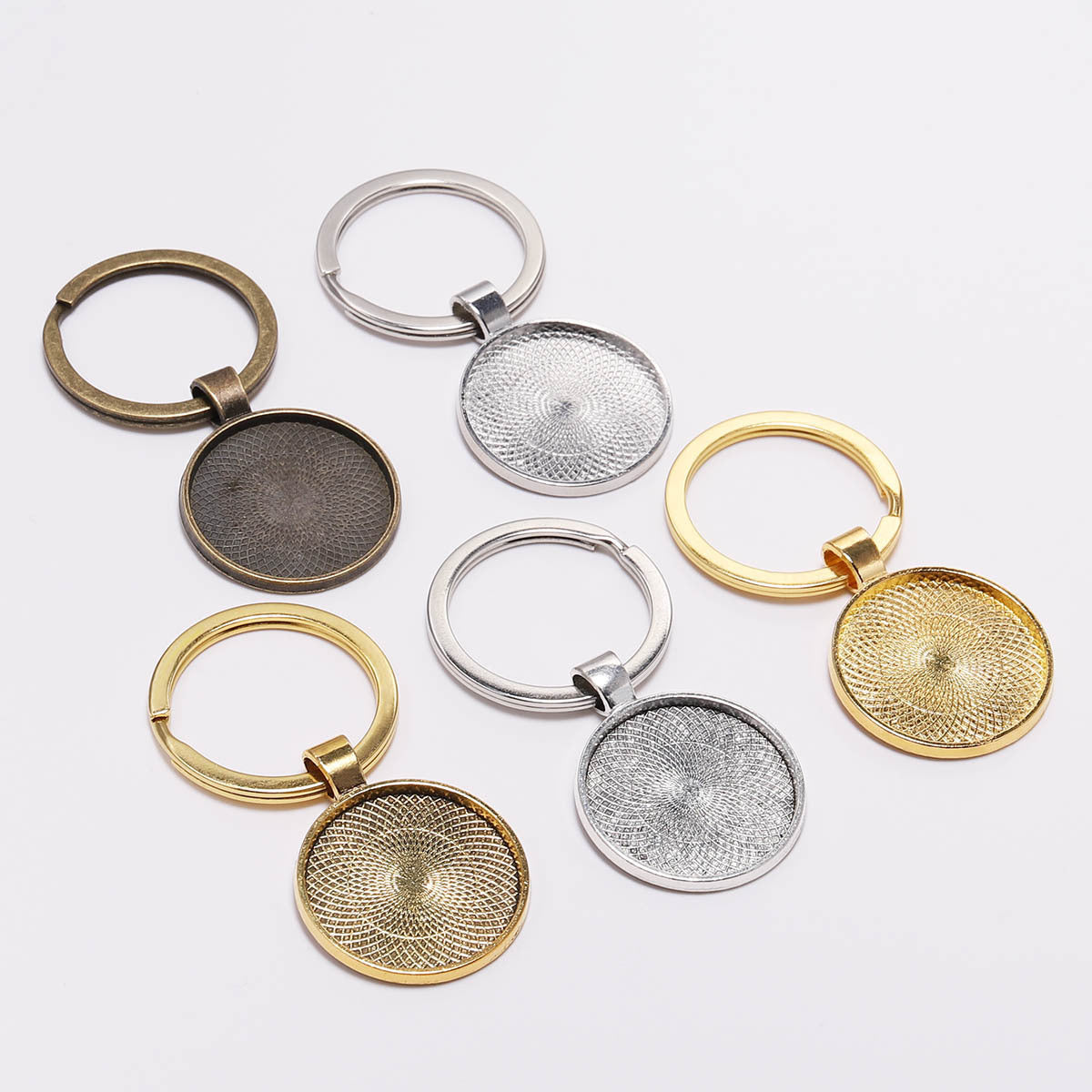 Metal Key Ring Pendants 5 Piece Pack Nickel Free Keychains Southeast Asian Decor Charms Embossed White K Antique