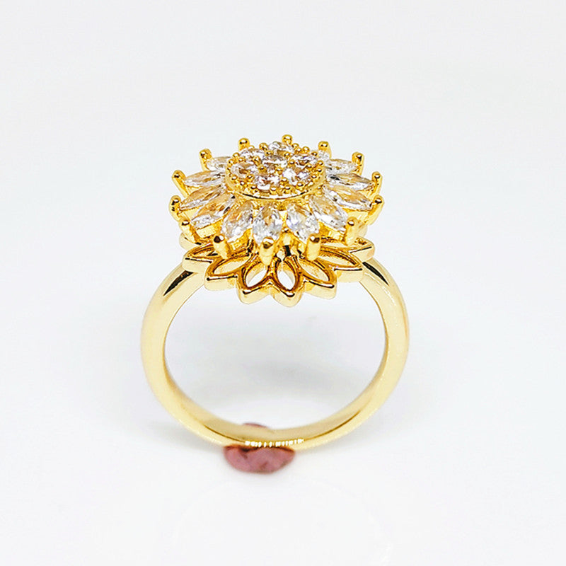 Rotating Sunflower Ring With Full Diamond Adjustable Opening Gold Rose Gold White Gold Women Jewelry Korean Style