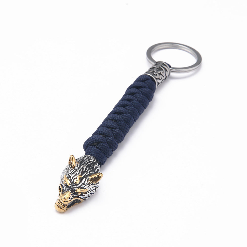 Paracord Key Ring With Wolf Head Beads Stainless Steel Keychain Length 15cm Durable Rope Craft For Outdoor Use
