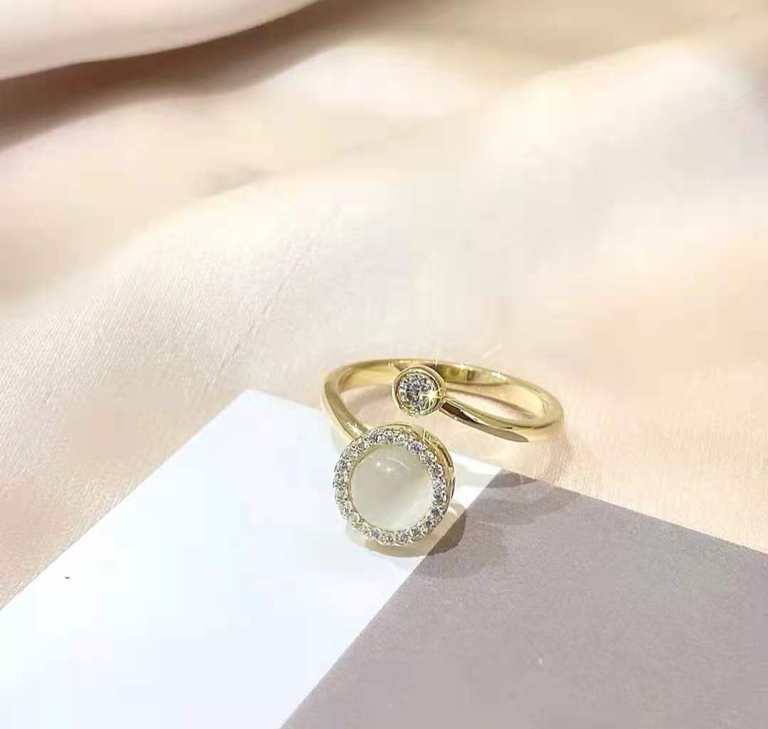 Womens Adjustable Ring Cat Eye Moonstone Rotatable Copper Band Little Golden Ball Korean Fashion Ring Style Cat Style