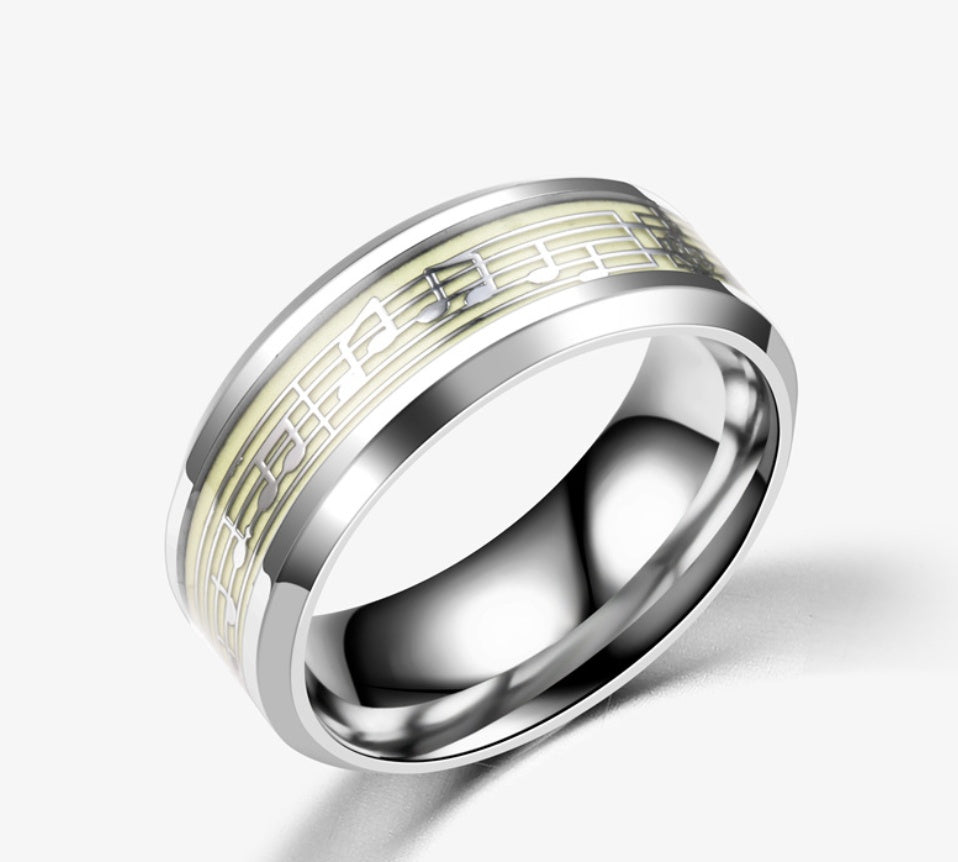 Stainless Steel Glow In The Dark Musical Notation Ring For Men Luminous Score Design Band Statement Ring Gifts
