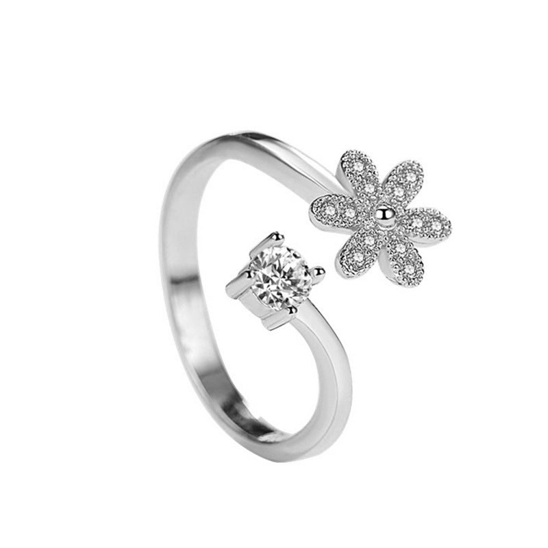 Women White Gold Plated Flower Ring Korean Design Simple Temperament Ring Gift for Students Fashion Jewelry Style