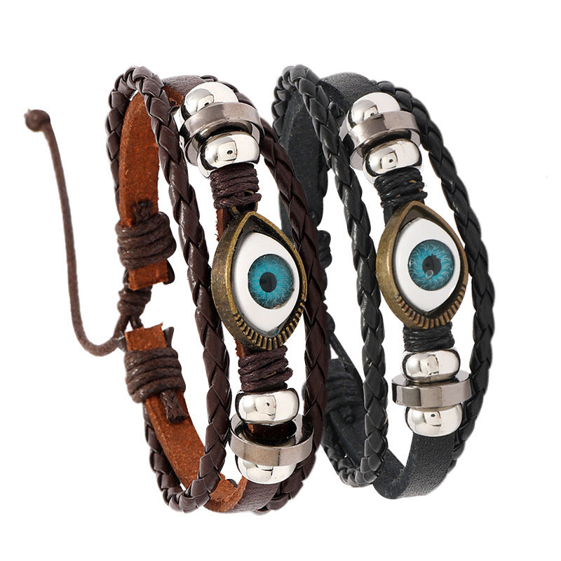 Unisex Vintage Leather Bracelet With Alloy Eyes PU Braided Beads Cowhide Wristband Braided Wrist Jewelry For Men