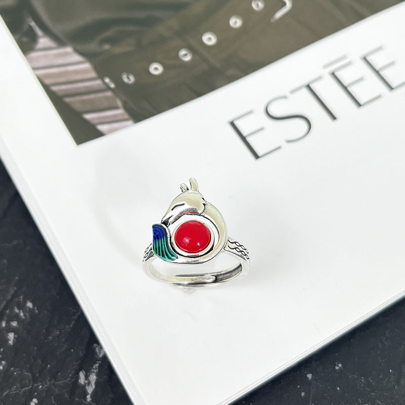 Womens Copper Silver Plated Fox Ring Antique Animal Zodiac Adjustable Opening Jewelry Gift For Her Cute Ring