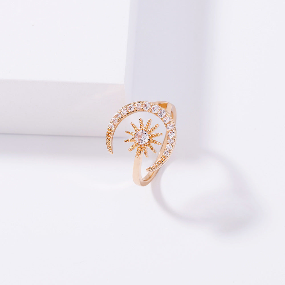 Womens Adjustable Star Moon Ring Zircon Copper Jewelry