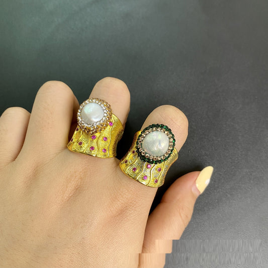 Unisex Pearl Ring Electroplated Gold Green Adjustable Geometric Line Design Jewelry Gift New for Women and Men
