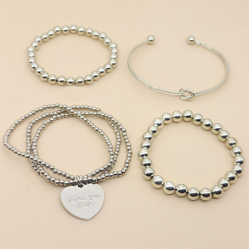Beaded Bracelet Set Silver Color Heart Multilayer Unisex Design 4 Piece Set Plastic Letter Bracelets Bracelets