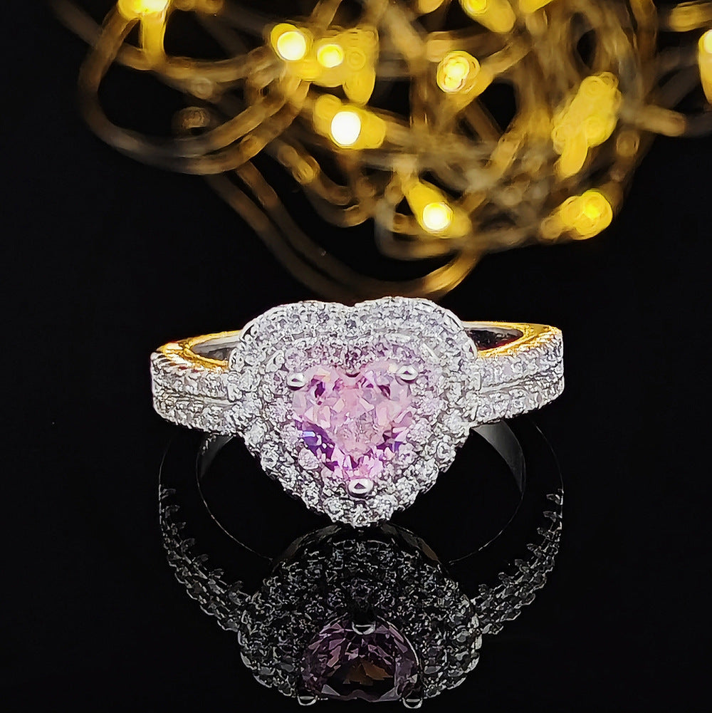 Pink Heart Ring Zircon Inlaid Copper Plated For Women