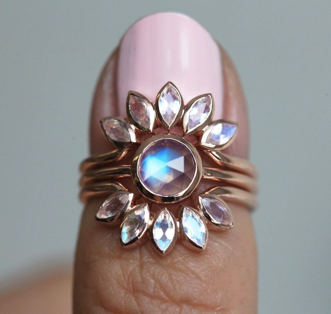 Geometric Sunflower Ring Set For Women Three Piece Rose Gold Alloy Rings European And American Style Fashion Gift