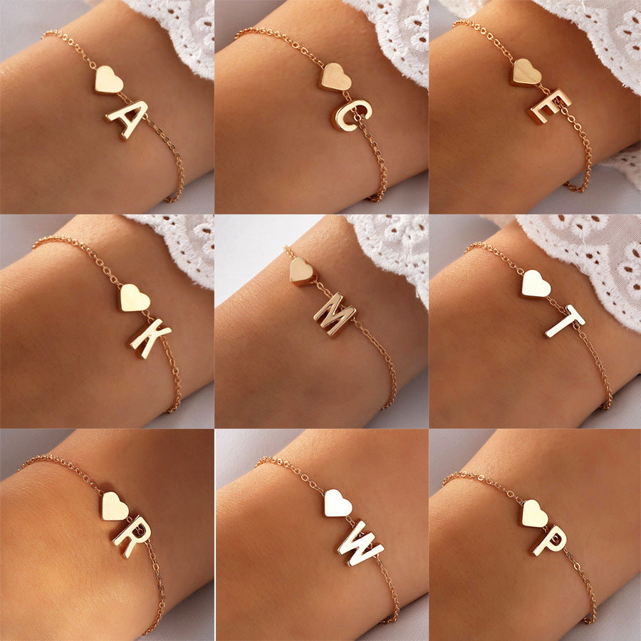 Womens Initial Heart Shaped Letter Charm Bracelet Electroplated Gold And Silver Jewelry Gift For Her And Girls