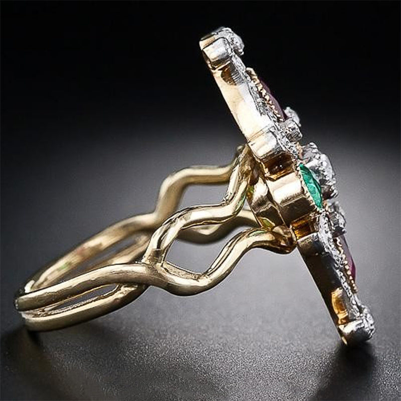 Women Fashion Ring Two Tone Gold Crown Design With Green And Red Zircon Alloy Jewelry European Inspired Jewels