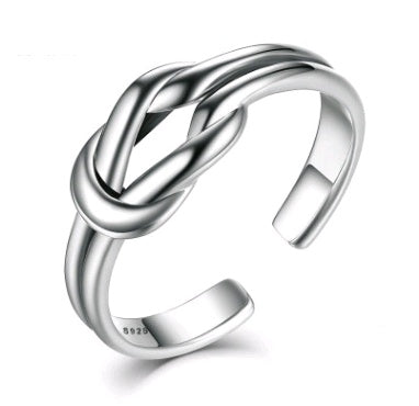 Sterling Silver Double Line Knotted Ring Retro Vintage Adjustable 925 Silver Purity Statement Ring for Women