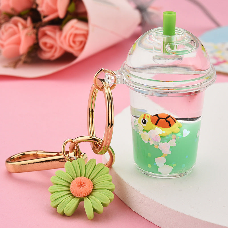Milk Tea Cup Keychain With Cute Cartoon Animal Pendant Electroplated Charm Light Blue Lemon Yellow Pink Acrylic