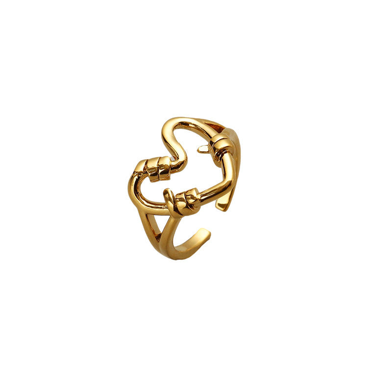 Womens Heart Shaped Ring Gold Plated Copper Hollow Winding Adjustable European American Fashion Jewelry Trendy