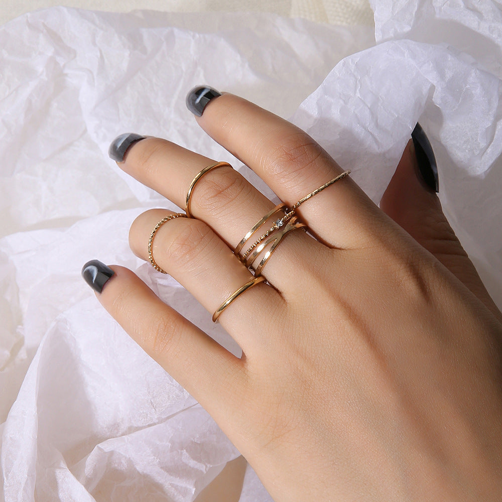 Geometric Ring Set Five Piece Electroplated Alloy With Rhinestones Inlaid Gemstones European Style Jewelry Collection