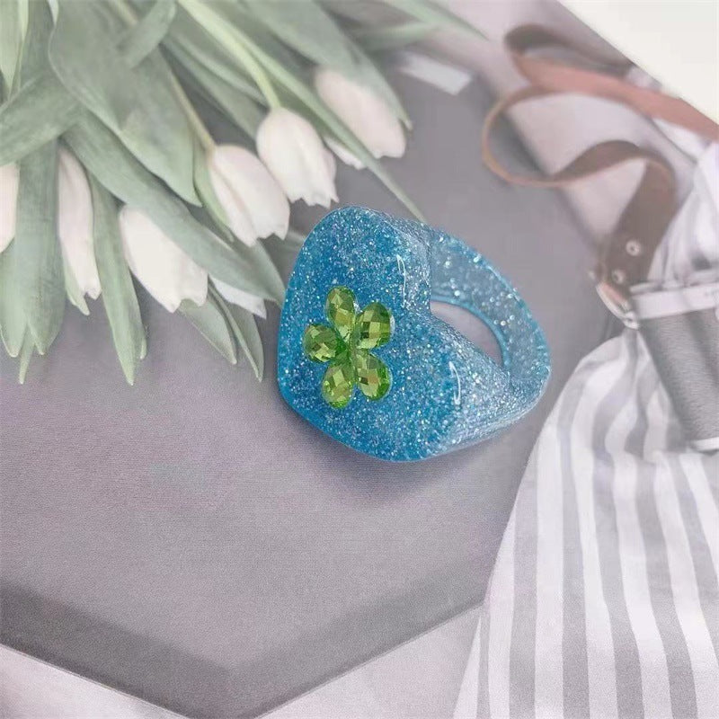 Womens Fashion Ring With Resin Flower Heart Design And Glitter Sequin Accents Rainbow Rings Quality Women Girl