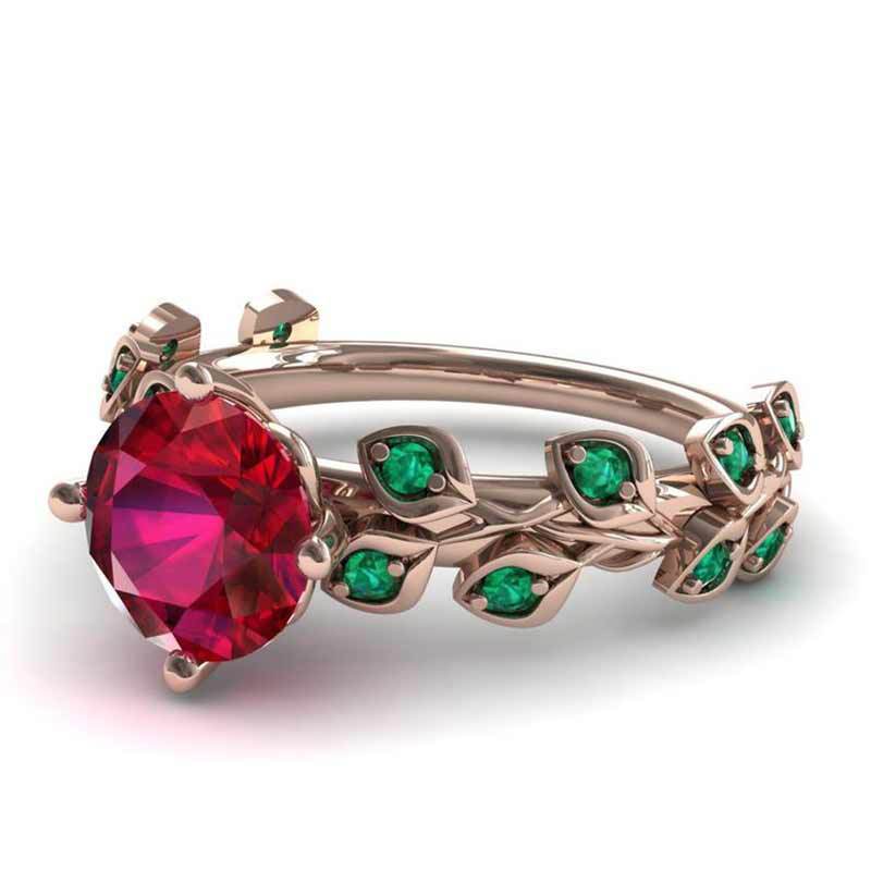 Red Flower Green Leaf Diamond Ring Copper Rose Gold Tone Elegant Jewelry for Women Size 6 7 8 9 10 Elegant Gift