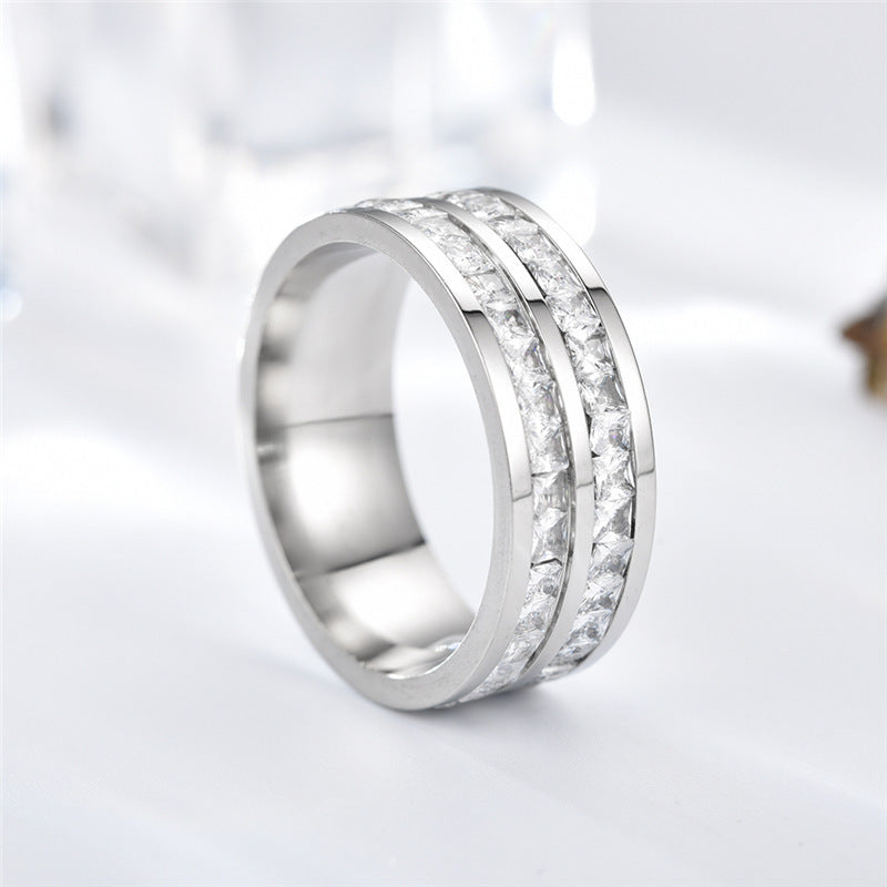 Stainless Steel Ring Double Row Diamond Geometrical Band Unisex Ring For Men Women Fashion Statement Versatile