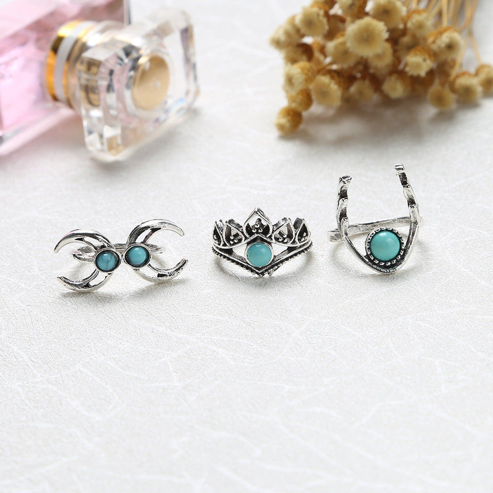 Turquoise Jewelry Set Women 11 Piece Antique Silver Alloy Ring Collection With Retro Crescent Owl Classic Owls