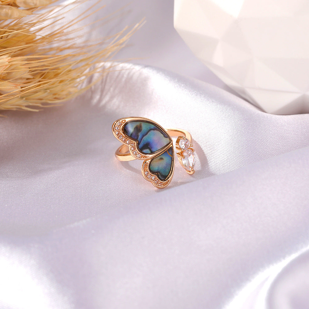 Copper Seashell Wing Ring Inlaid Zircon Dainty Jewelry For Women Korean Fashion Accessory Gift With Zircon Gem