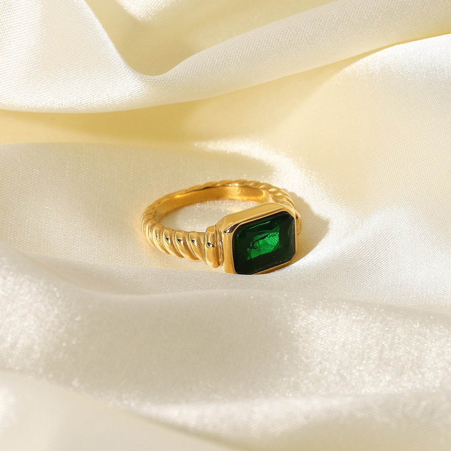 Stainless Steel Croissant Ring With Emerald Rectangular Stone European American Design Statement Jewelry Gift For Women