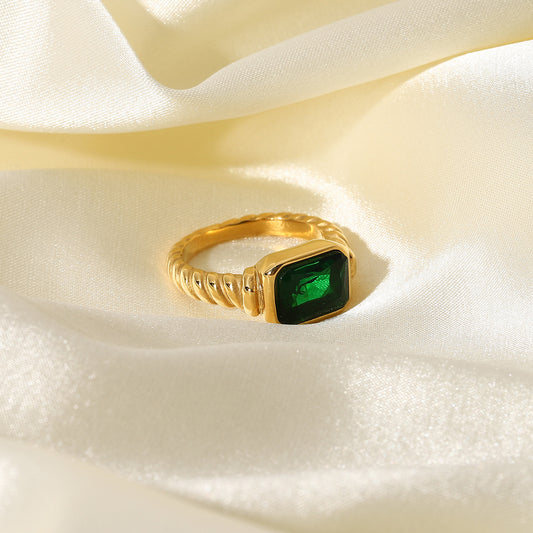 Stainless Steel Croissant Ring With Emerald Rectangular Stone European American Design Statement Jewelry Gift For Women