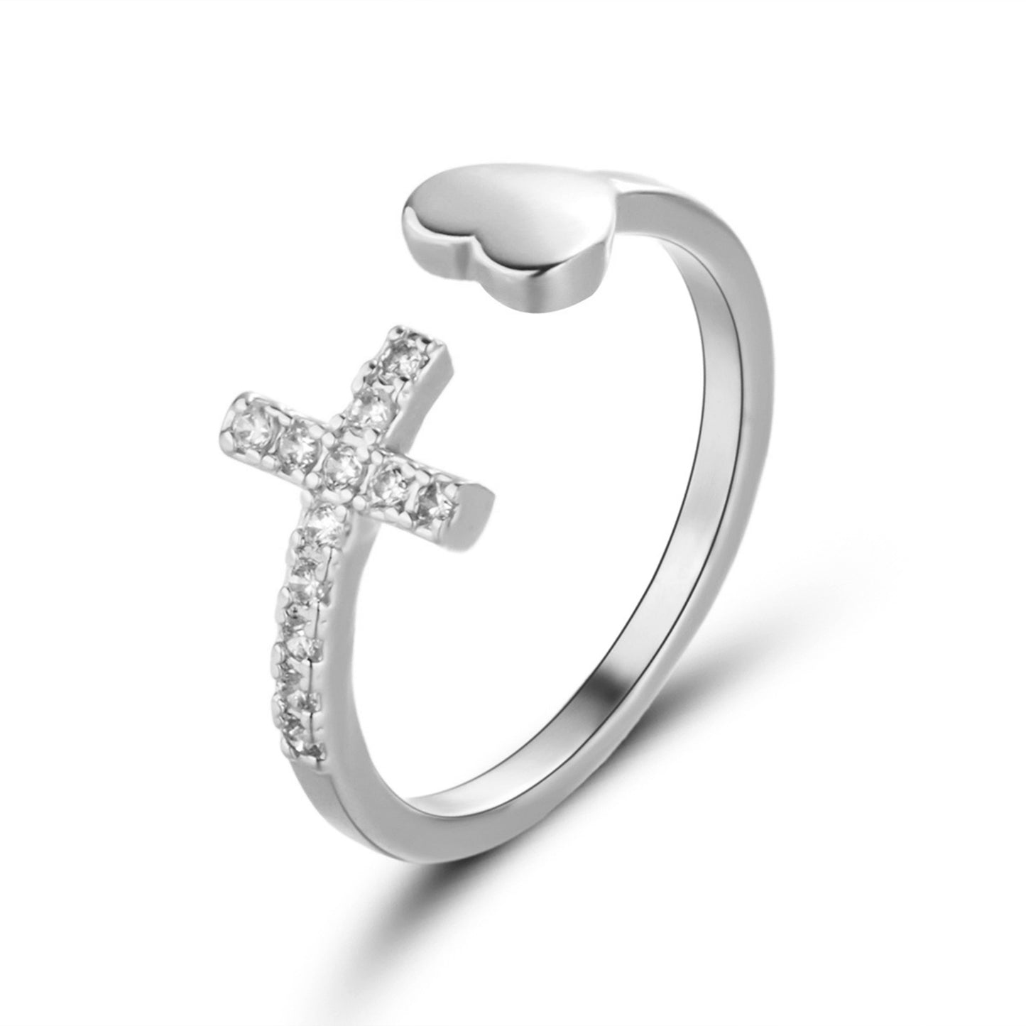 Women Adjustable Open Ring with Rhinestone Cross and Heart Diamond Accent Alloy Ring Fashion Jewelry Beautiful