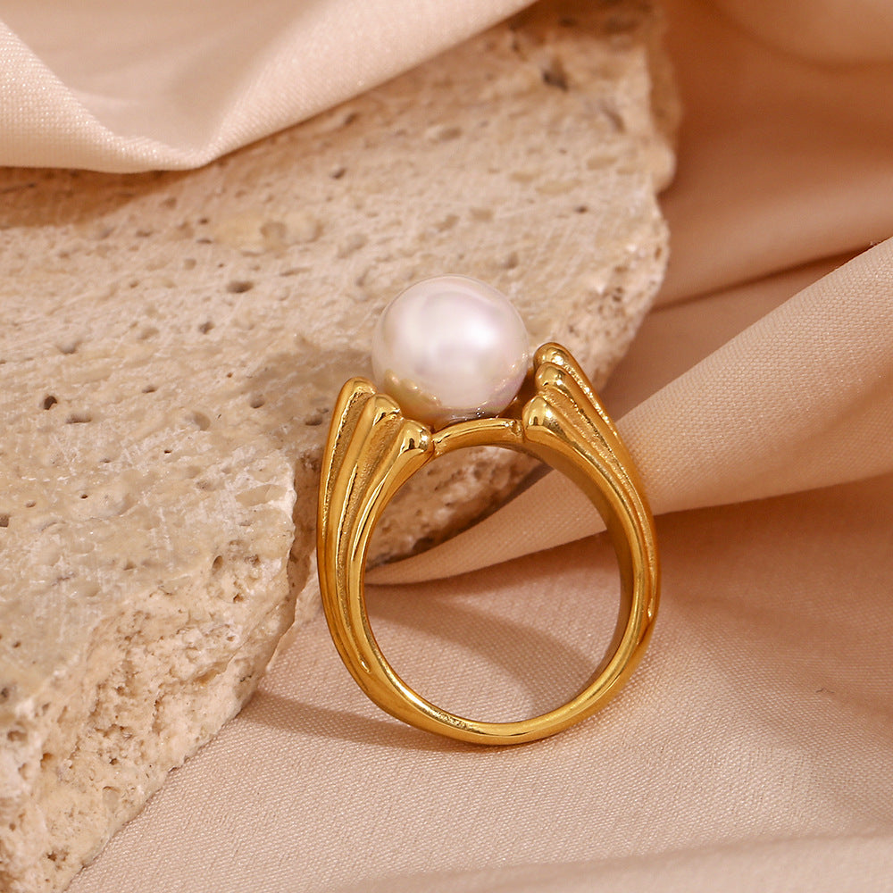 Women's Stainless Steel Ring with 18K Gold Plated Round Pearl Imitation Double Sided Pattern Elegant Geometric Jewelry Ring for Her