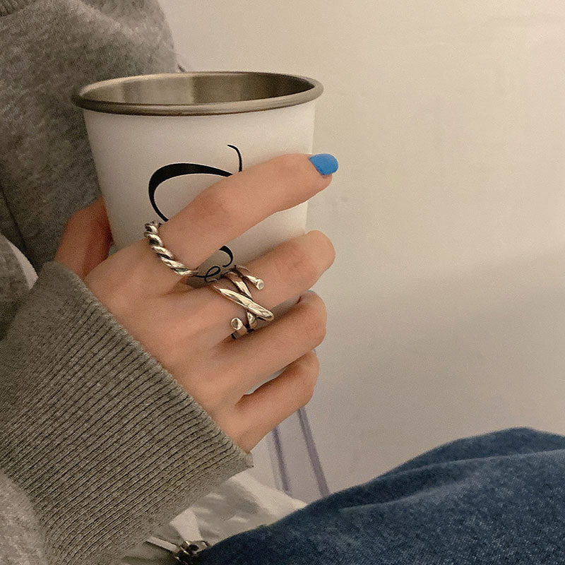 Geometric Thai Silver Plated Ring Korean Twist Metal Jewelry Gift for Her Elegant Daily Wear Accessory Everyday Style