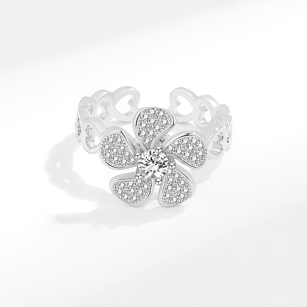 Womens Simple Micro Inlay Rotatable Flower Ring With Zircon Copper Plating In Gold Or Platinum Tone Adjustable Opening For Everyday Wear