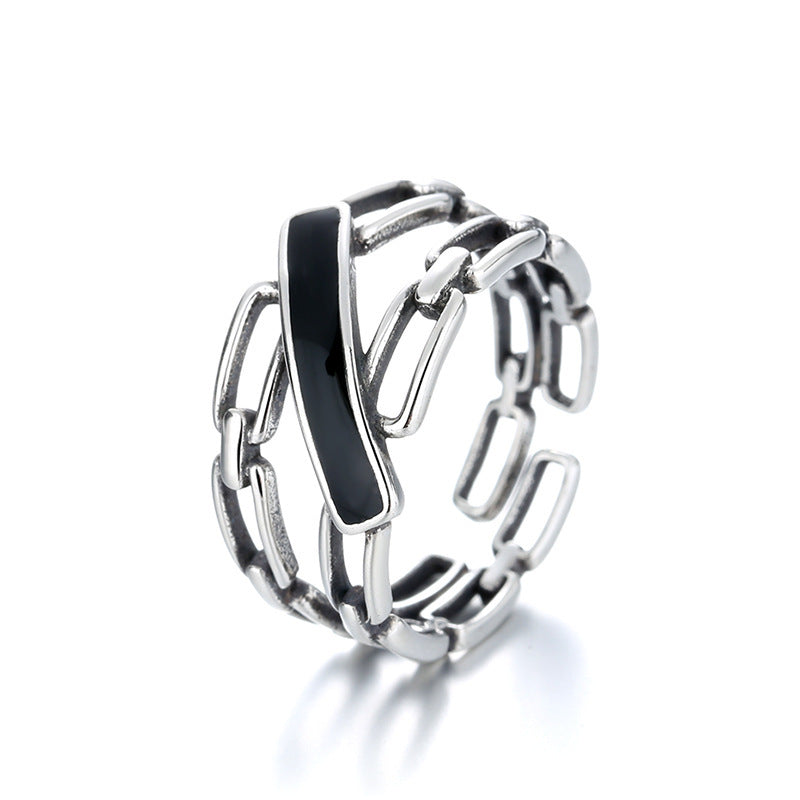 Womens Sterling Silver Ring 925 Wide Epoxy Hollow Chain Band Geometric Design Adjustable Opening Fashion Style