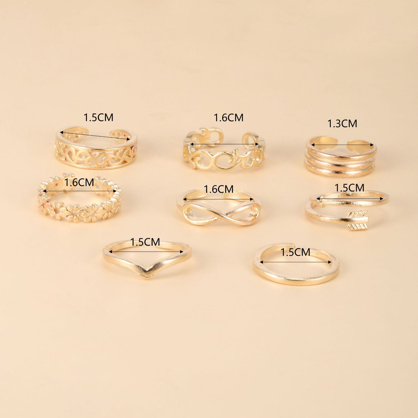 Women Adjustable Toe Ring Set Geometric Alloy Rings European American Beach Jewelry Gold Tone Silver Tone 8pcs