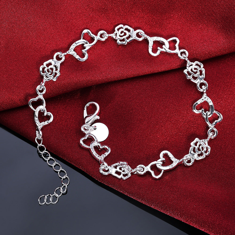 Silver Plated Heart Bracelet Rose Flower Design Copper Jewelry For Women Romantic Anniversary Gift Silver Tone