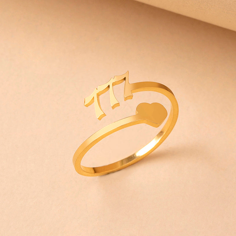 Stainless Steel Lucky Number Ring Adjustable Text Lettering Design Gold Tone Jewelry For Women And Girls Style