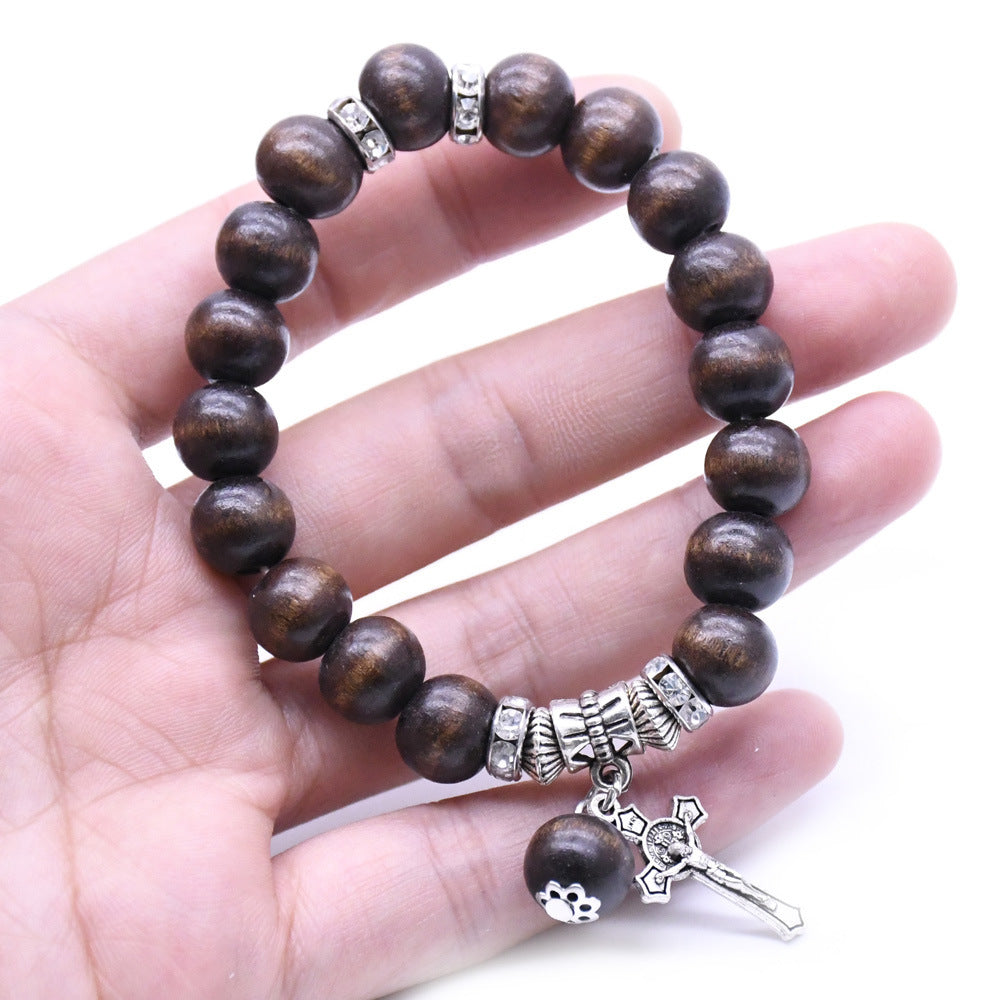 Unisex Wooden Bead Bracelet With Cross Charm Religious Totem Design And Alloy Inlaid Gems Coffee Color Wood Bracelet