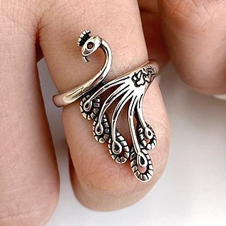 Vintage Unisex Animal Zodiac Ring In Plain Silver Peacock Design Jewelry Gift For Him With Adjustable Fit Gift