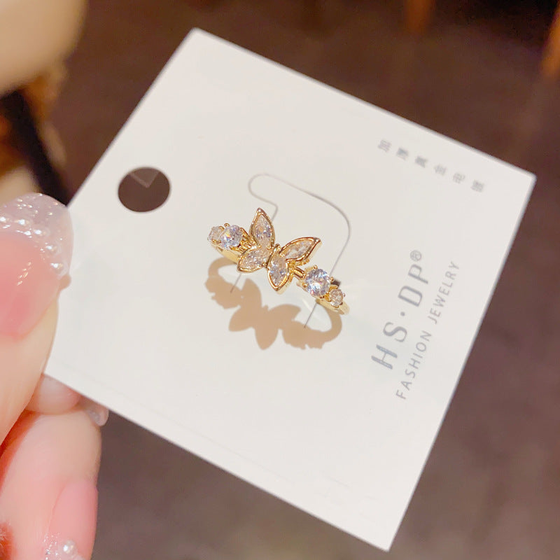 Womens Gold Plated Copper Diamond Inlaid Butterfly Ring Elegant Party Fashion Luxury Jewelry Statement Sparkle