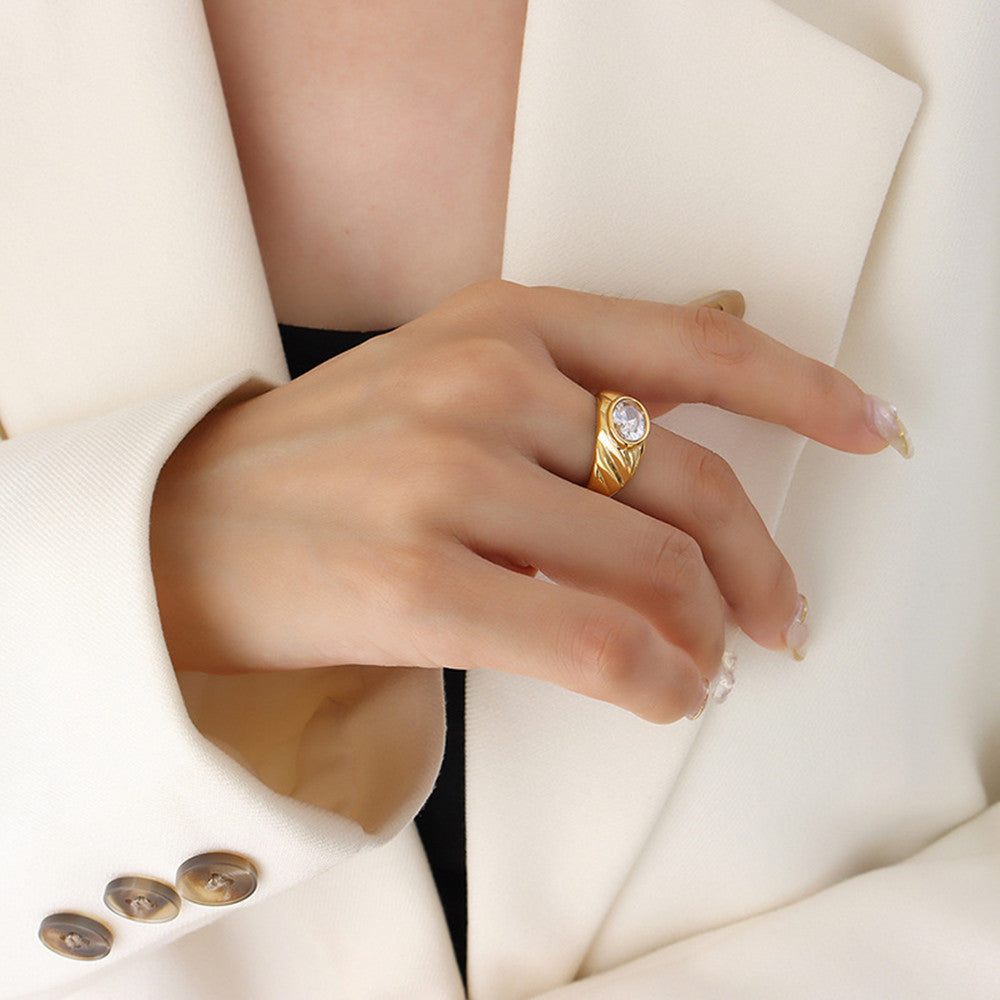 Couple Ring Wedding Geometric Titanium Steel Ring Golden White Zircon And Golden Green Zircon Ring Anniversary