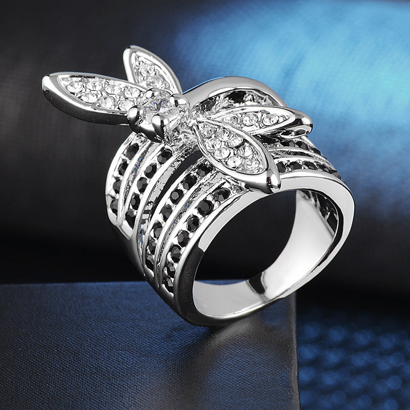 Womens Dragonfly Ring Diamond Inlaid Gold Plated Fashion Jewelry Elegant Unique Statement Gift For Her Durable
