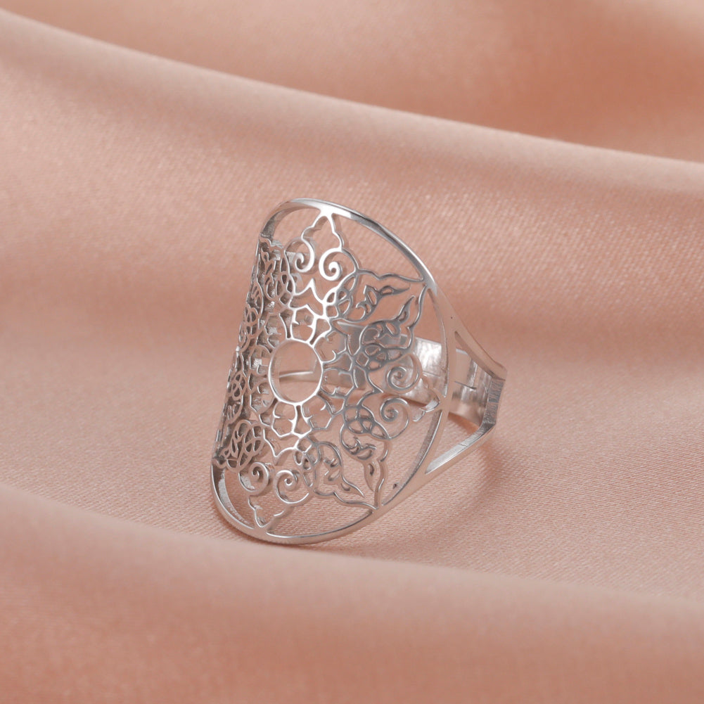 Vintage Stainless Steel Openwork Snow Petal Oval Ring Adjustable Size Not Inlaid White Gold Rose Gold Finish Ring