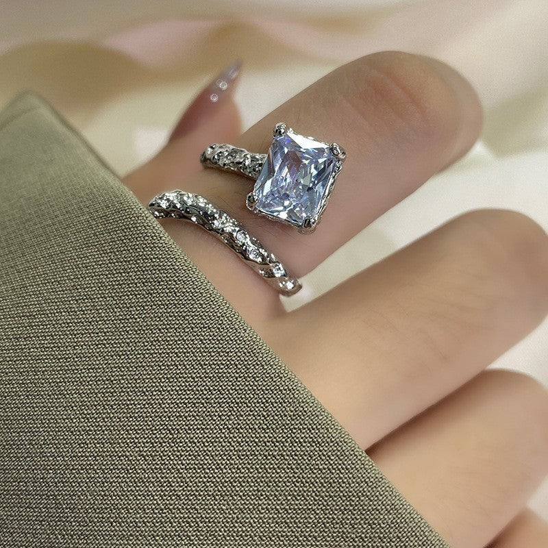 Womens Open Ring Adjustable Silver Plated Zircon Inlay Geometric Metal Ring Luxury Simplicity For Daily Wear Everyday