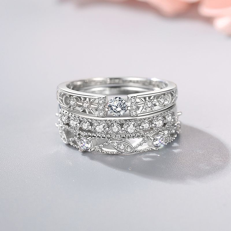 Womens Sterling Silver Ring Diamond Inlay Hollow Gold Plated Artificial Gem Anniversary Jewelry Elegant Gift For Her