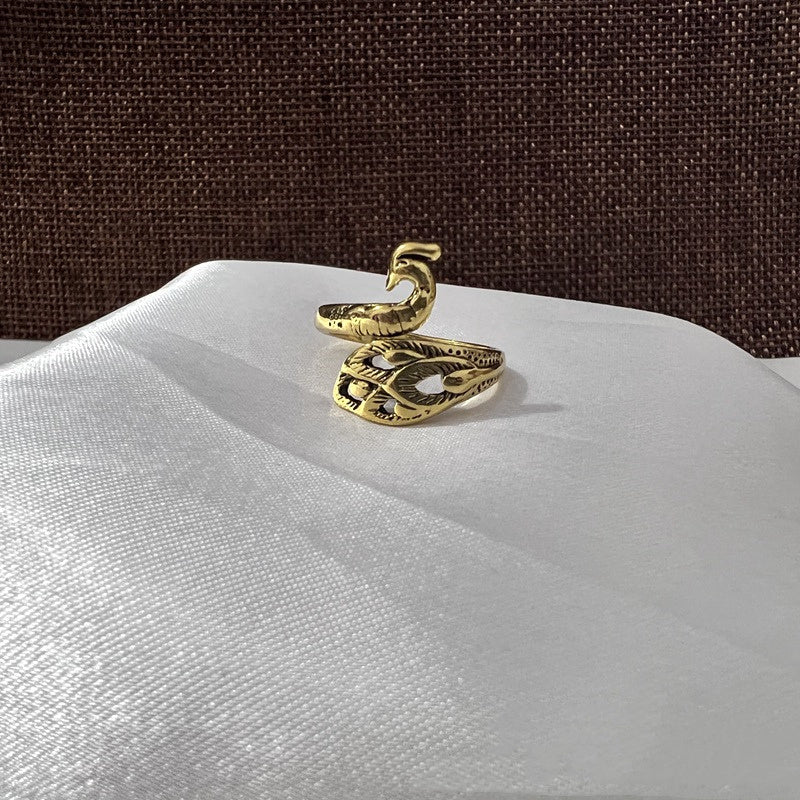 Womens Adjustable Copper Ring Peacock Inlaid Gem Electroplated Retro Design Ring For Women With Colorful Gem Inlays