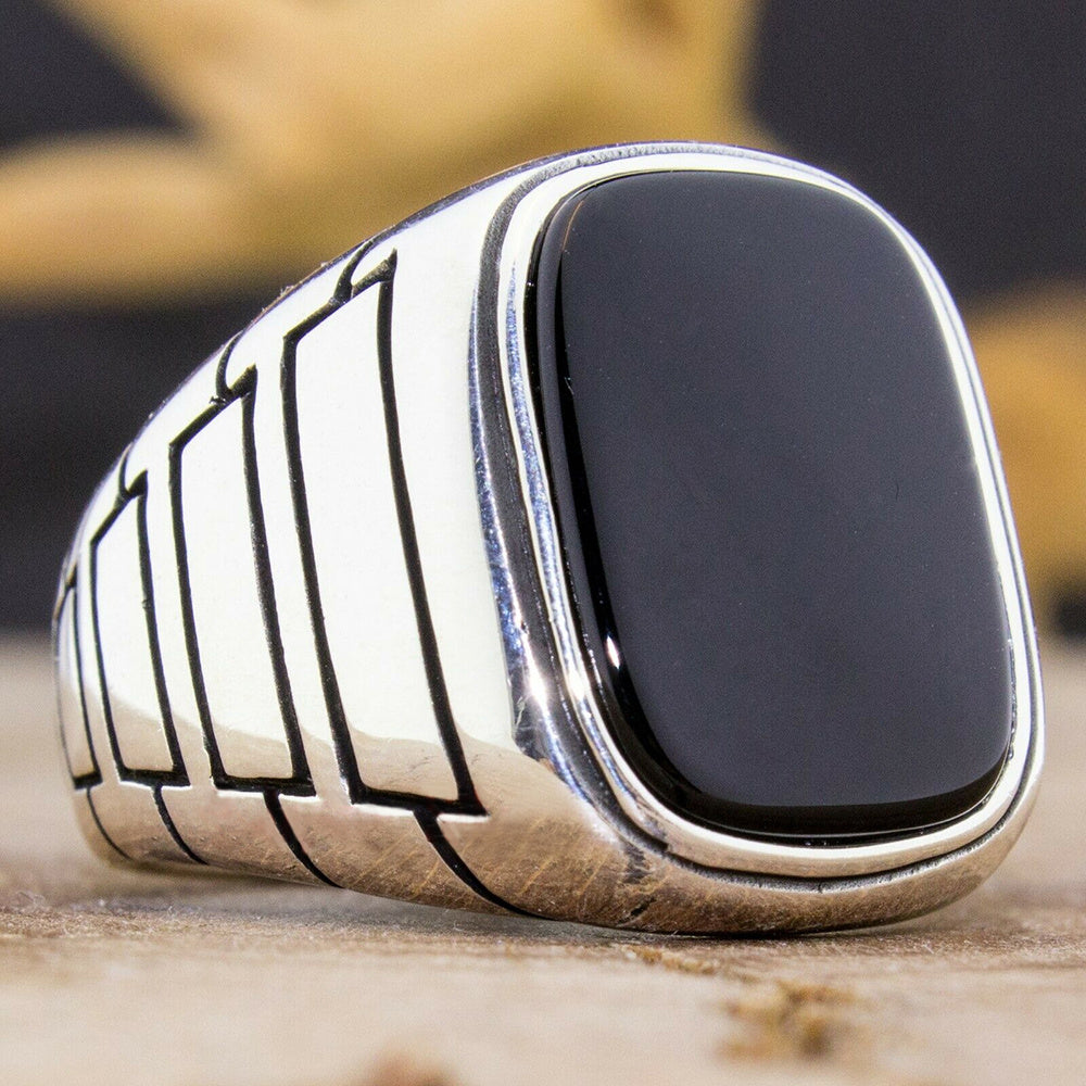 Mens Vintage Geometric Ring Alloy Electroplated With Black Artificial Gemstones European American Design Style Trend