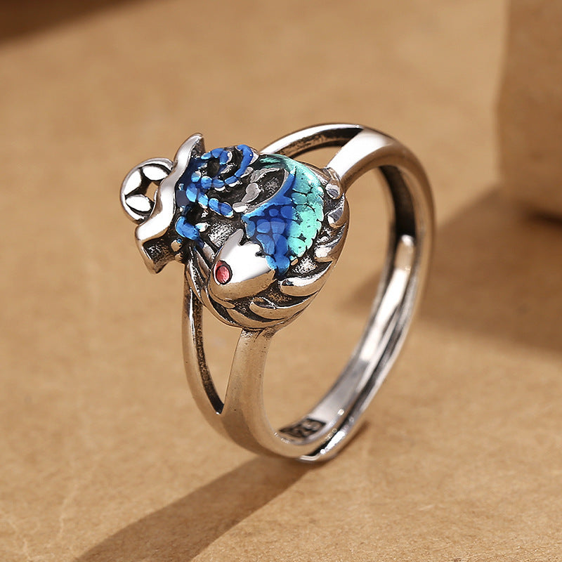 Vintage Burnt Blue Copper Open End Ring With Ethnic Koi Pattern Retro Style For Women Adjustable For Daily Use