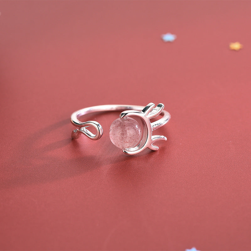 Sterling Silver Ring Korean Strawberry Crystal Antler Design Adjustable Open Ring For Women And Girls Gift Set