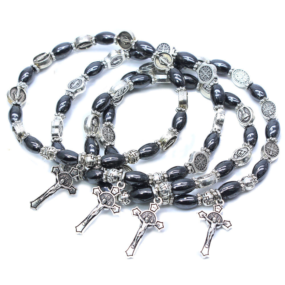 Unisex Obsidian Beaded Bracelet Religious Totem Jewelry Saint Benedict Holy Grail Virgin Holy Father Cross Charm 6mm