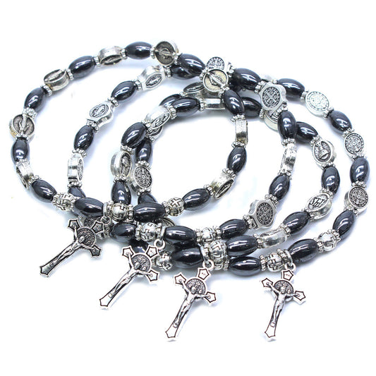 Unisex Obsidian Beaded Bracelet Religious Totem Jewelry Saint Benedict Holy Grail Virgin Holy Father Cross Charm 6mm